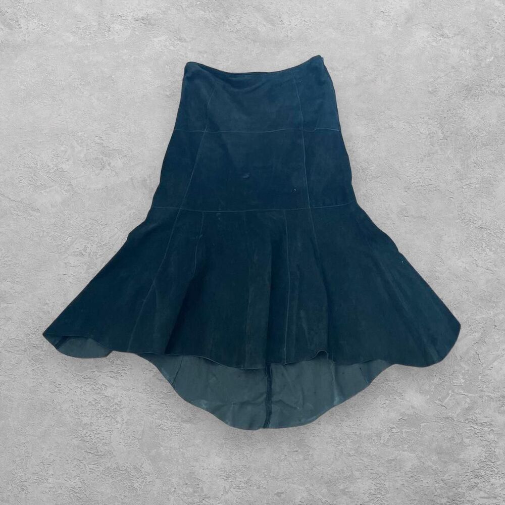 CAbi Black Suede Leather Flared Midi Skirt 0 Boho Whimsigoth Western